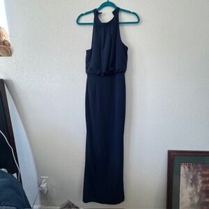 Vowd Navy Blue Halter Neck Ruched Waist Maxi Dress Formal Evening Gown Size 4